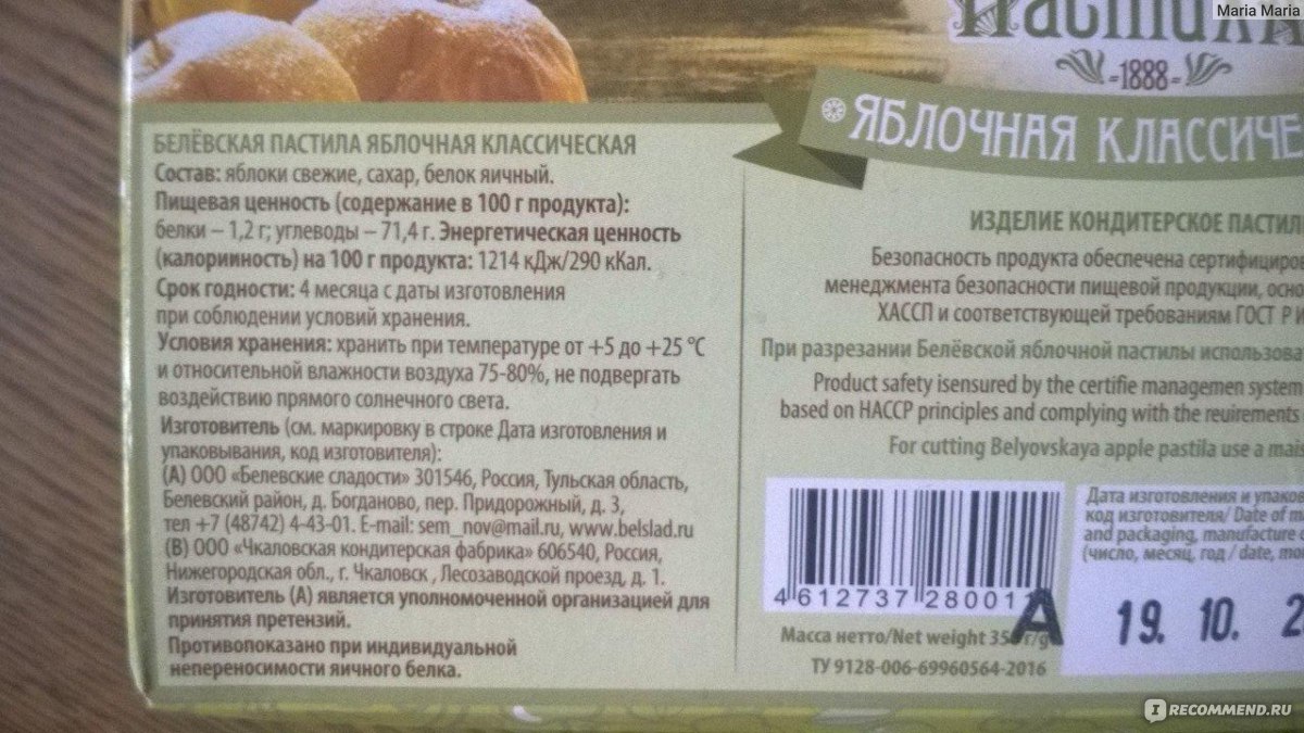 Белевская Пастила. Таблица калорийности и химический состав продуктов питания.