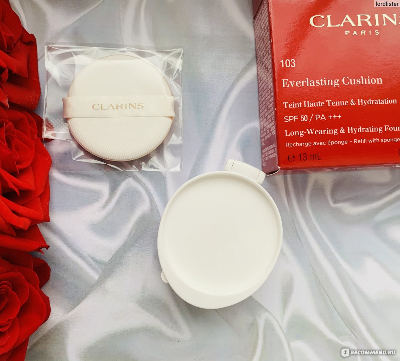 Кушон отзывы. Кушон Clarins 103. Everlasting Cushion Clarins 103. Clarins Everlasting Cushion 108. Кушон кларанс оттенки.