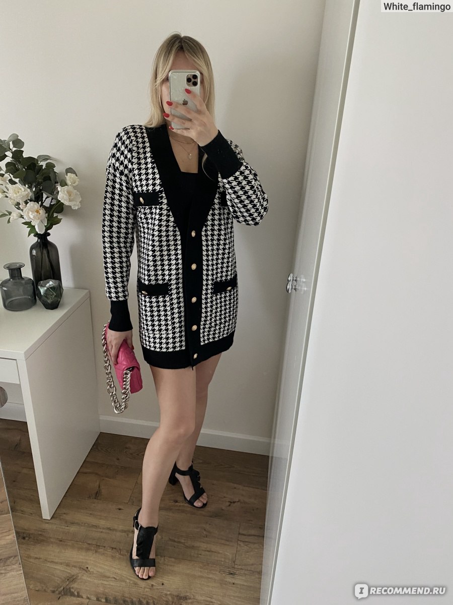 Кардиган AliExpress Casual Long Knitted Pink Cardigan Female Autumn Winter Drop Shoulder Sweater Coat Basic Button Women's Houndstooth Tops C-308 фото
