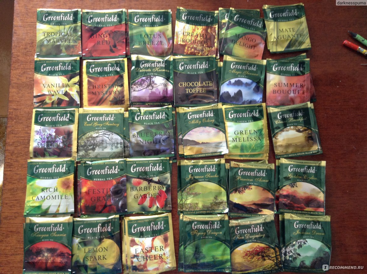 Вкусы чаев виды. Коллекция вкусов чая Гринфилд. Сорта чая Гринфилд в пакетиках. Коллекция зеленого чая Гринфилд. Greenfield чай вкусы.