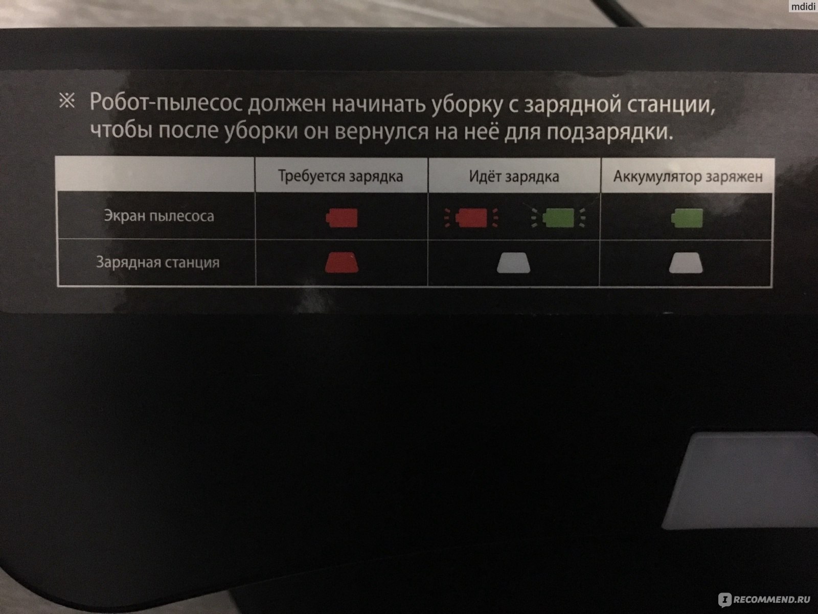 Информация на базе для подзарядки робота-пылесоса