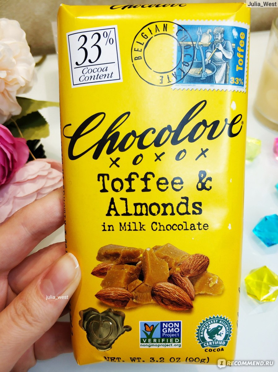 Шоколад Chocolove Toffee & Almonds in Milk Chocolate, молочный с ми...