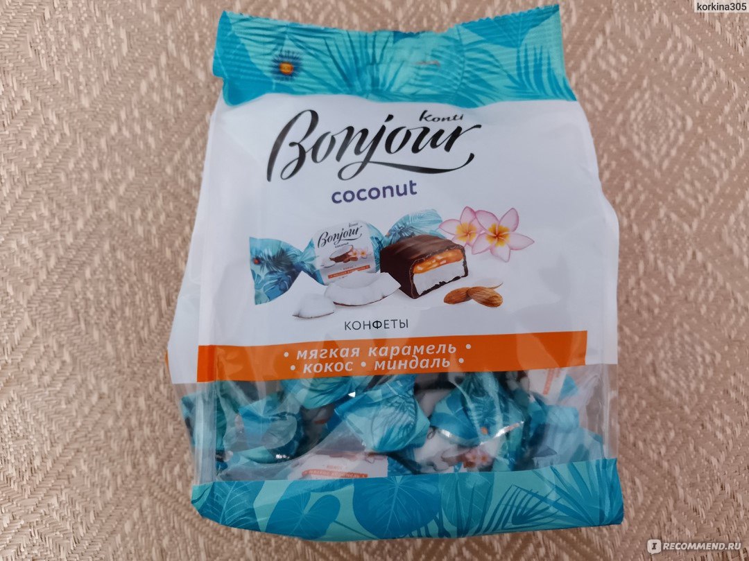 Конфеты Конти Konti Bonjour coconut - «Очень вкусные конфеты с кокосом,  миндалём и мягкой карамелью » | отзывы