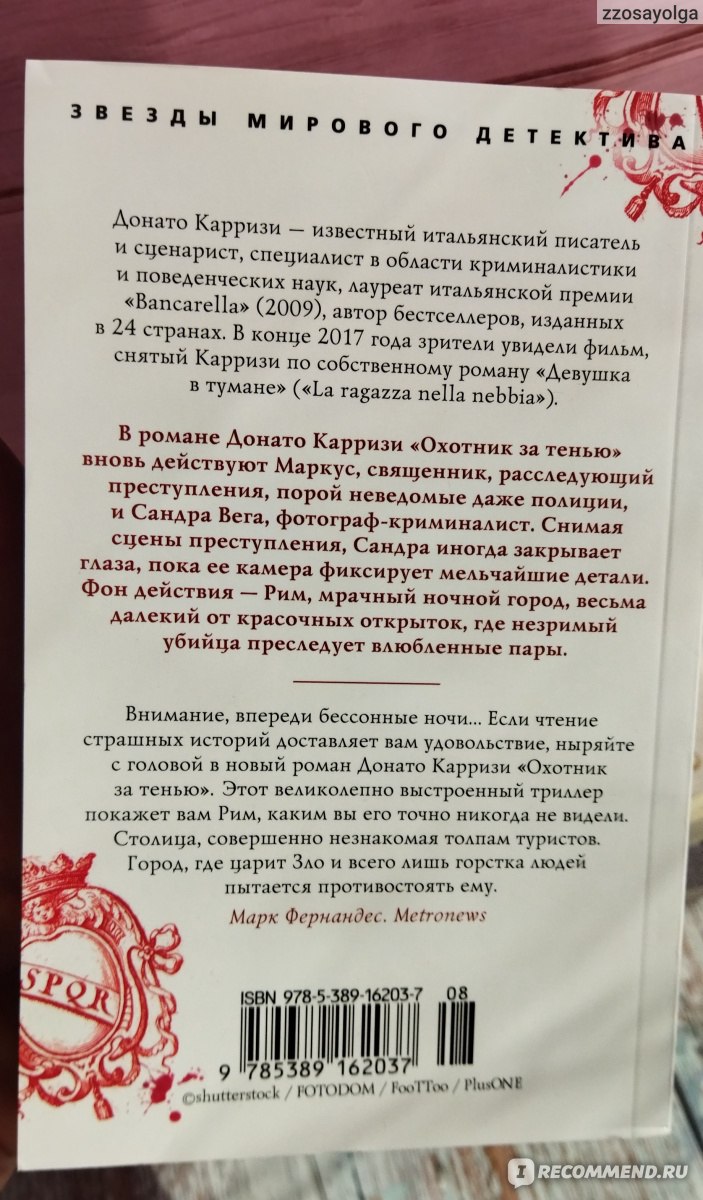 Охотник за тенью. Донато Карризи - «Ну очень мрачная книга. Каждый второй  персонаж со скелетами в шкафу: полицейские убийцы, продажные, покрывающие  преступников. Священники убивают, деруться, используют для шантажа  исповеди. Дети тоже убийцы.