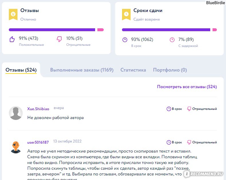 Пример профиля автора, у которого я бы побоялась заказывать работу: много негативных отзывов и просроченных заказов; автор не отвечает на негатив