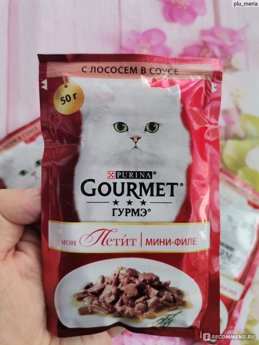 Корм для кошек Gourmet Mon Petit с лососем - «Совсем небольшие пакетики,  поэтому взрослому коту нужно минимум четыре на день » | отзывы