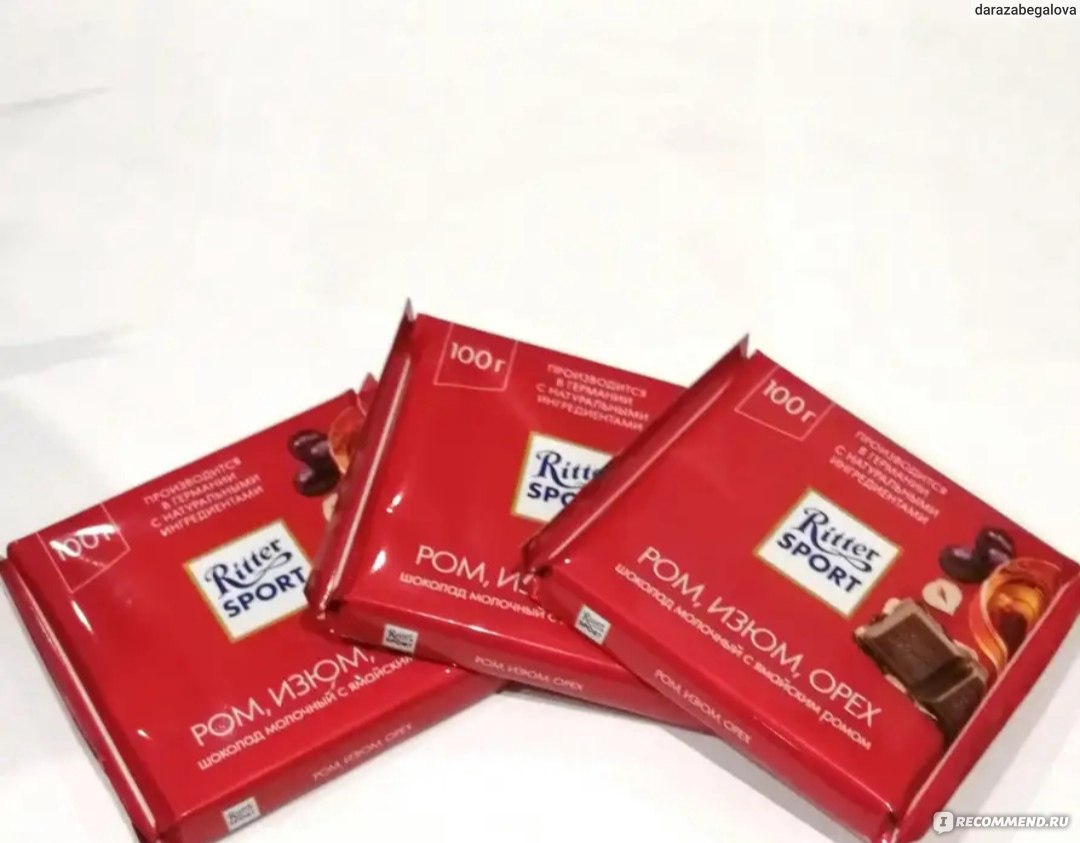 Шоколад Ritter Sport молочный с орехом, изюмом и ямайским ромом ...