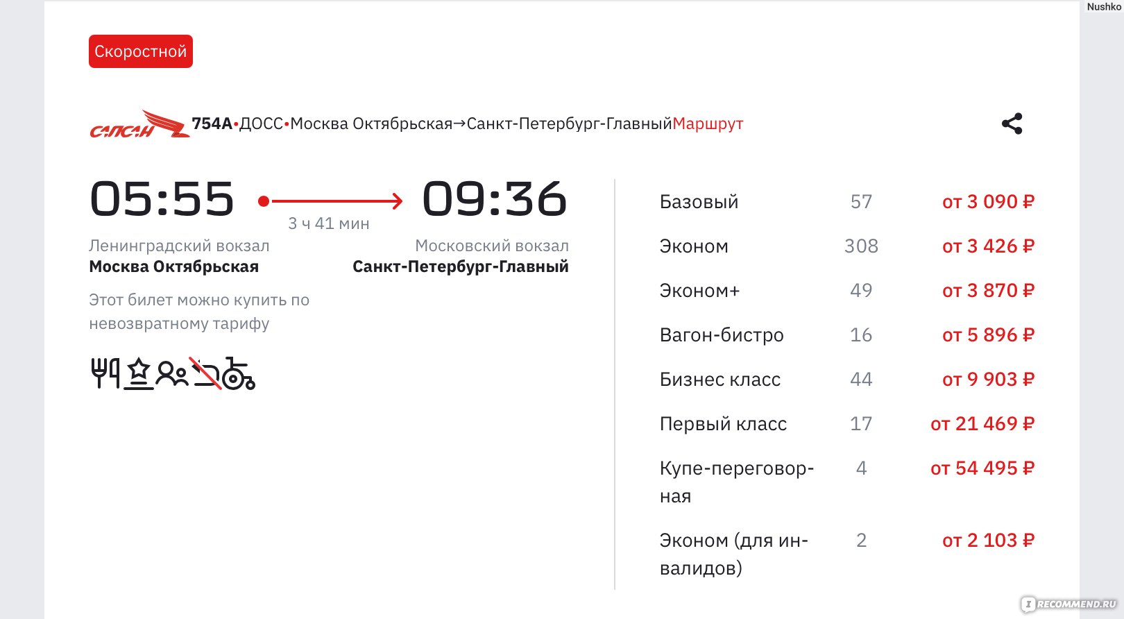 билет на сапсан из москвы в санкт петербург