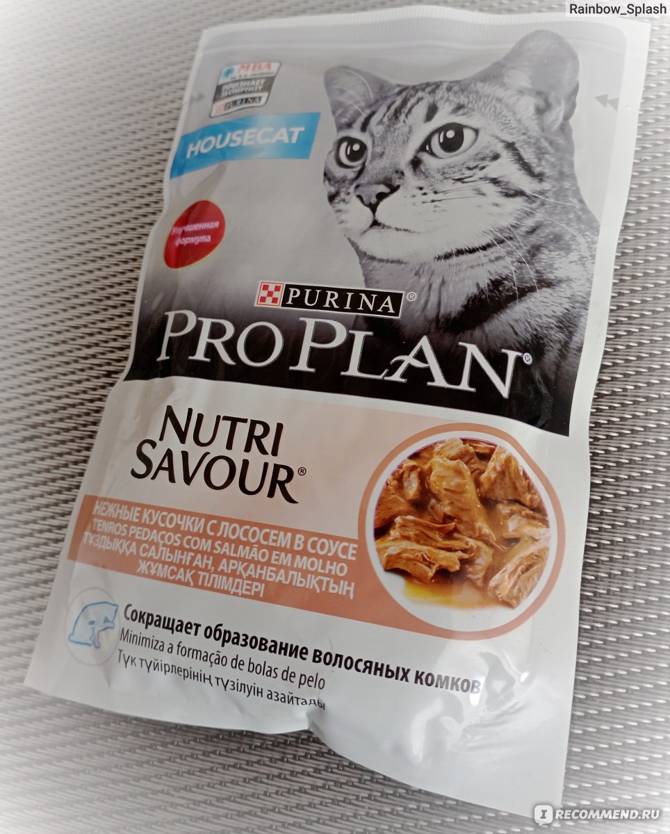 Корм для кошек Pro Plan HOUSECAT NUTRISAVOUR консервированный  полнорационный для взрослых кошек, живущих дома, с лососем в соусе -  «Отличный корм для домашних кошек. С натуральными мясными кусочками и  аппетитным ароматом. » | отзывы