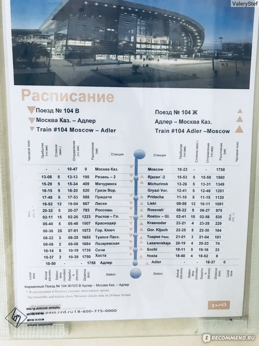 Поезд 104в Адлер Москва двухэтажный остановки