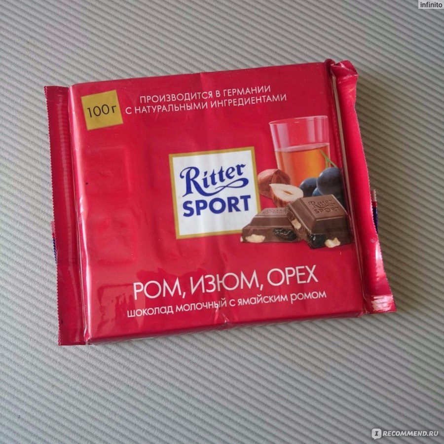 Шоколад Ritter Sport Ром, Изюм, орех молочный