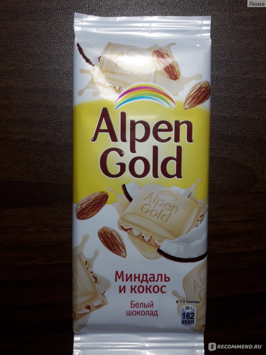 Шоколадка Альпен Гольд белый шоколад с миндалем и кокосом