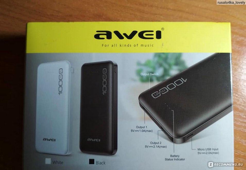 Упаковка внешнего аккумулятора Power bank Awei P28K 10000 mAh 2USB Black