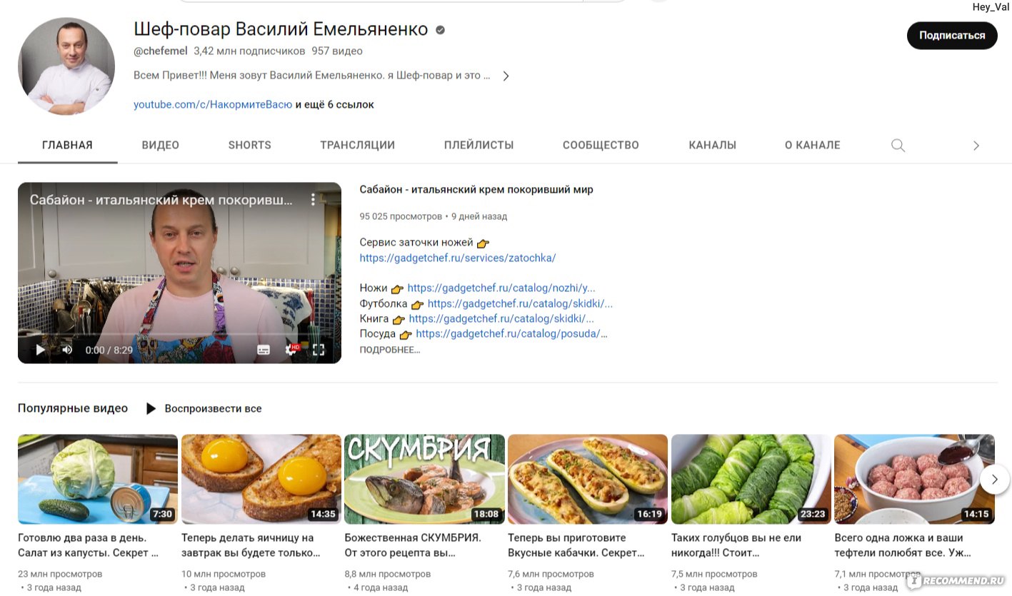 Сайт Шеф-повар Василий Емельяненко  https://www.youtube.com/channel/UCgeval0um2gyuRhP1qch8Uw - «Рецепты у  Емельяненко удачные, но, по моему мнению, в видео уж СЛИШКОМ много суеты» |  отзывы