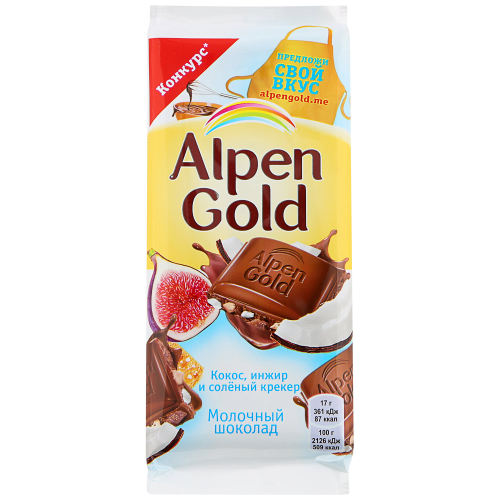 Молочный шоколад Alpen Gold Кокос, инжир и солёный крекер фото