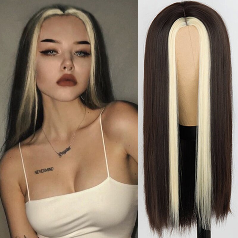 Парик Aliexpress Black Long Straight Wig For Women Both sides Gold/Green/Blue/Pink/Orange Hair Middle Part Heat Resistant Wavy Cosplay Wig фото