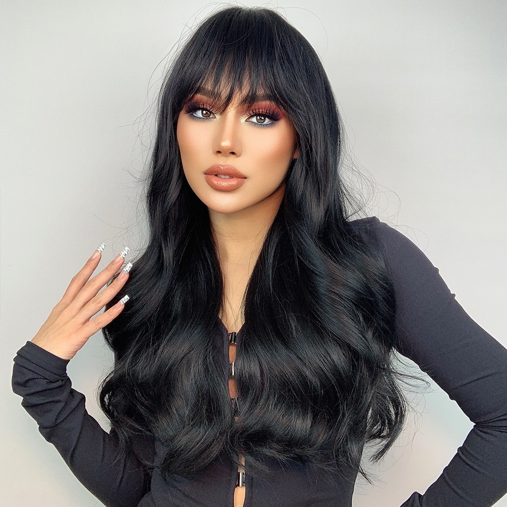 Aliexpress EASIHAIR Long Black Wavy Wigs with Bangs Water