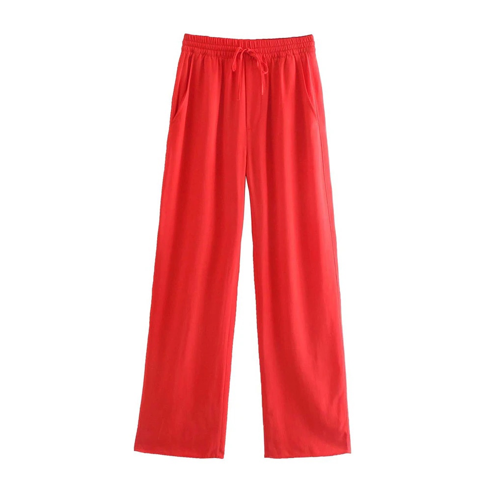 Брюки AliExpress Za Women 2021 red Chic Fashion Side Pockets Loose Wide Leg Pants Vintage High Elastic Waist Drawstring Female Trousers Mujer фото