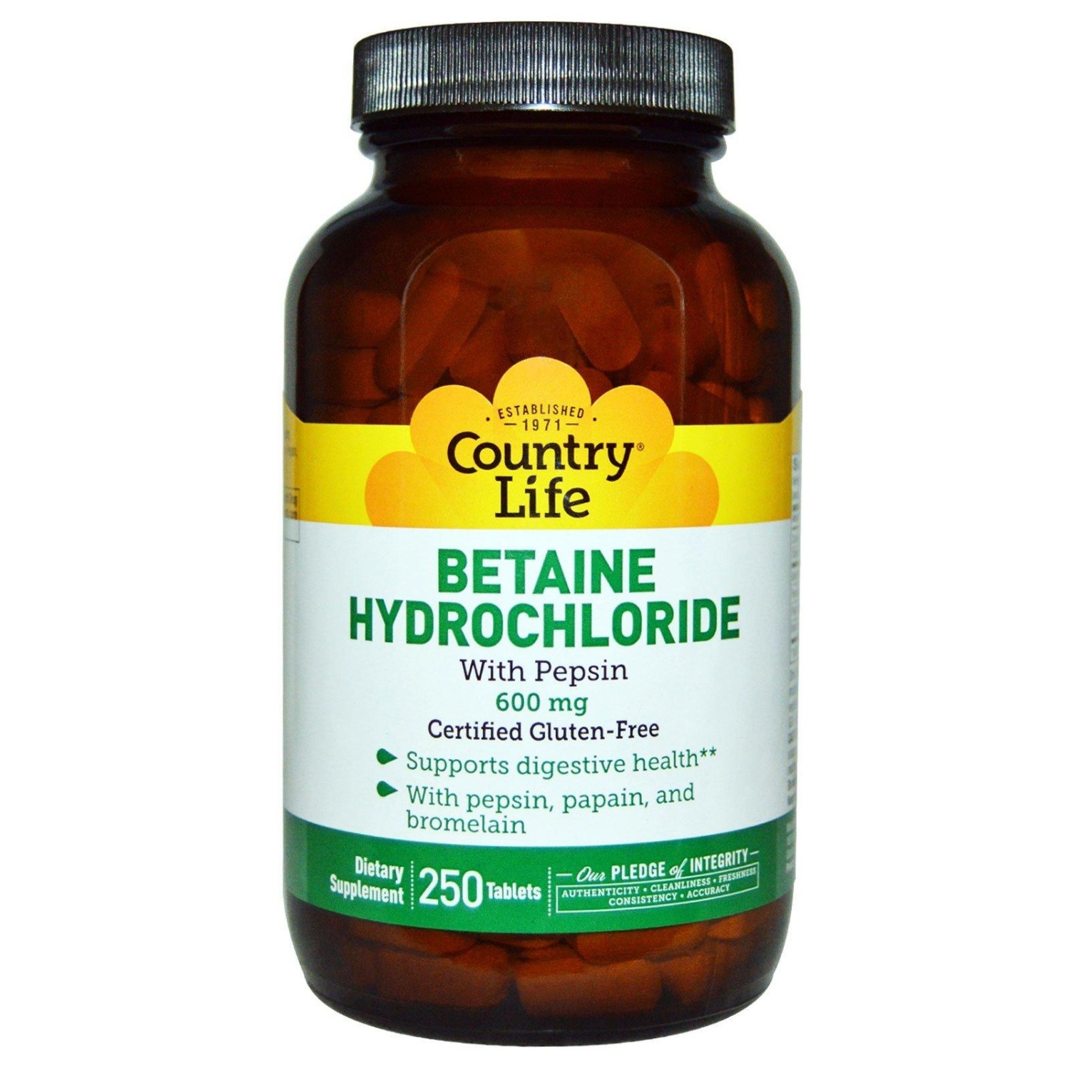 БАД Country Life Betaine hydrochloride with pepsin 600mg /Гидрохлорид  бетаина с пепсином 600 мг - «Гидрохлорид бетаина с пепсином Country Life  один из лучших комплексов для повышения уровня соляной кислоты, улучшения  пищеварения,