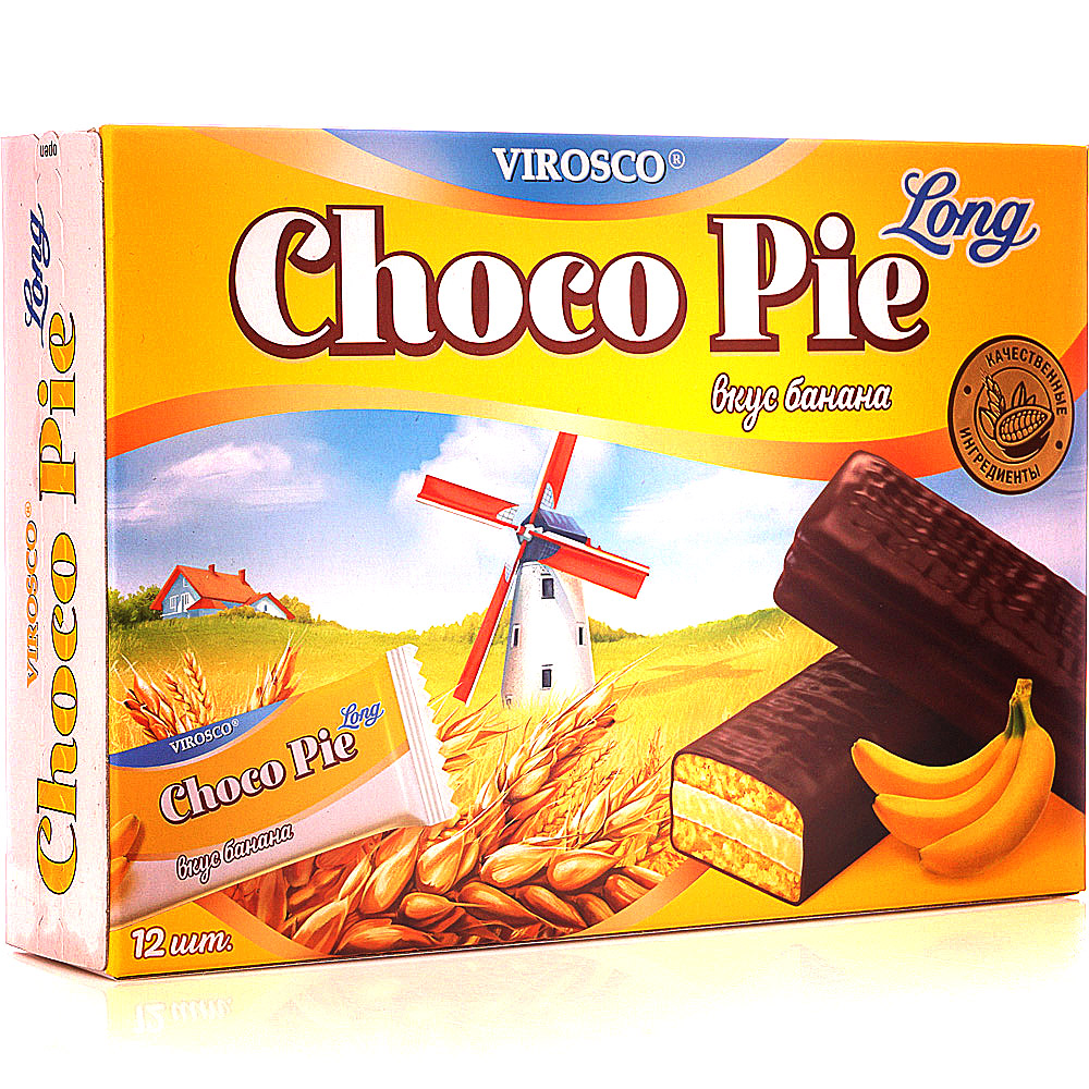 Choco pie 12. Печенье VIROSCO Choco pie long. Печенье чокопай Лонг банан 216 г. Печенье Chocolate pie long банан 216гр* 12шт. 1/12, Шт. Чокопай long VIROSCO.