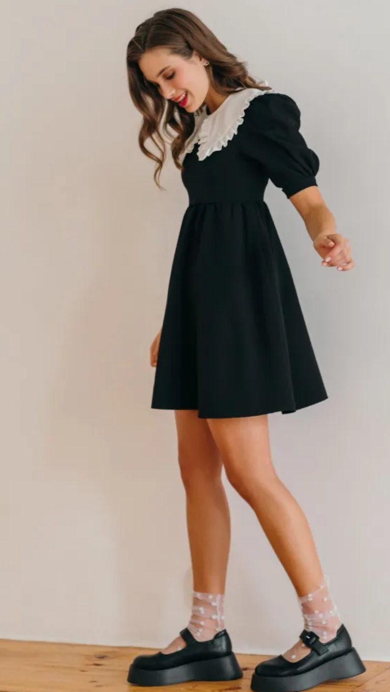 Черное платье софт с воротником — 827090