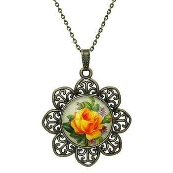 Подвеска Aliexpress Rose Flower Glass Cabochon Pendant Necklace Vintage Bronze Accessories Chain Necklace For Women Fine Jewelry фото