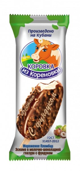 Мороженое Коровка из Кореновки Пломбир эскимо в  молочно-шоколадной глазури  с фундуком фото