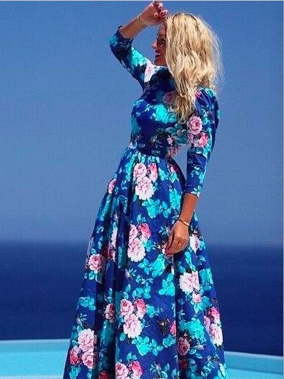 AliExpress 2015 new fashion print long dresses for women full sleeve beach dress female floral casual cute blue boho maxi summer dress