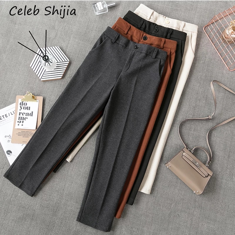 Брюки женские AliExpress Womens wool trousers with high waist, loosebusiness Blazer apricot and gray colors, Suit pants, Autumn-winter